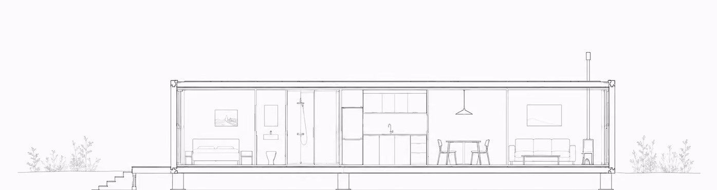 Cross-section drawing of a single-storey modular house