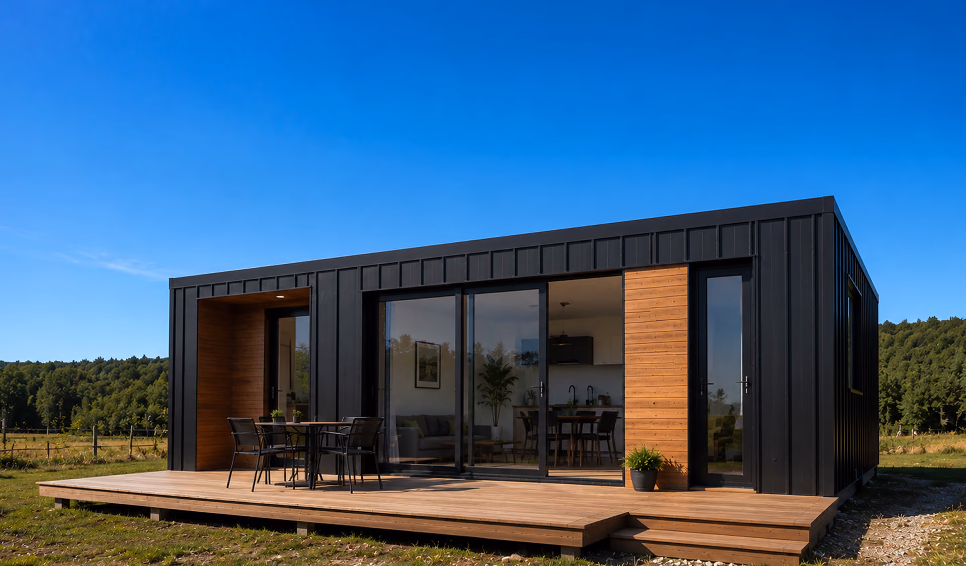 Dark-clad modular house with a timber terrace