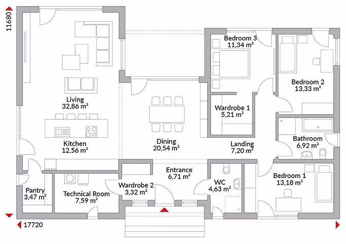 Floor plan with living room, kitchen, dining area, three bedrooms and bathroom