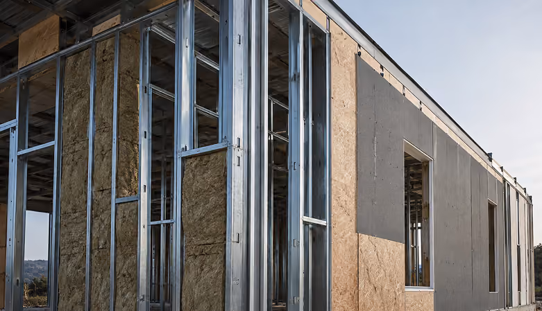 Light gauge steel wall studs with insulation boards during construction