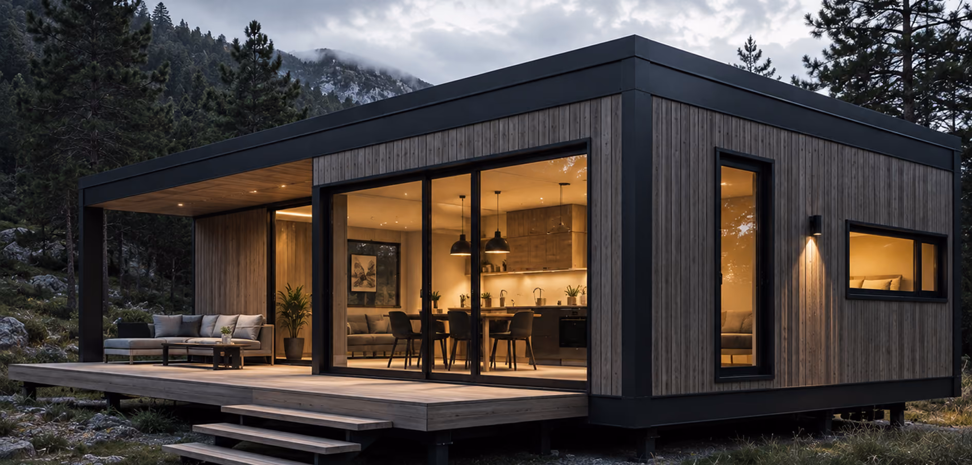 Dark-clad modular house with a covered terrace in the mountains at dusk