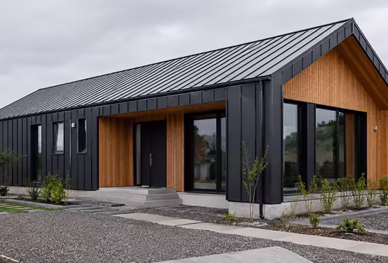 Single-storey house with black standing-seam metal cladding and timber accents