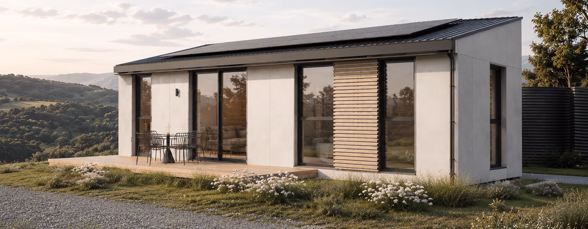 Vega 72 modular house with solar panels on the roof